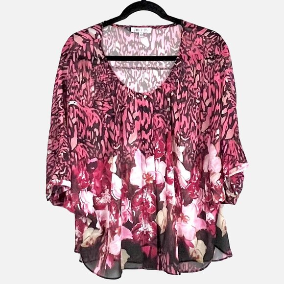 Jennifer Lopez Women's Sheer Chiffon Blouse Top Pink Floral & Animal Print Large - Picture 1 of 15